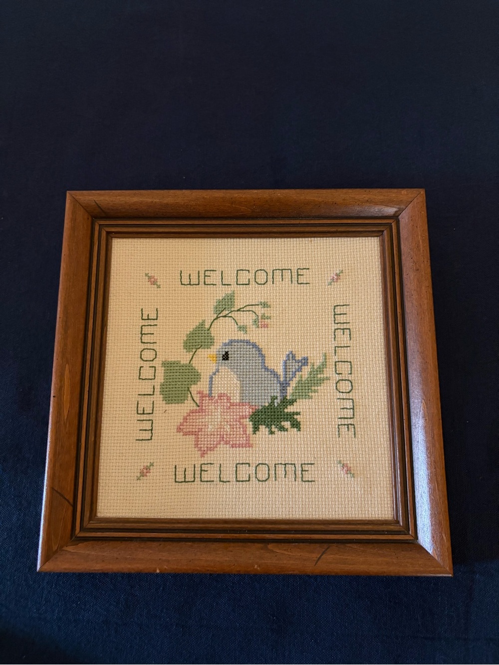 Framed 'Welcome' Bird Cross-Stitch in Brown Frame